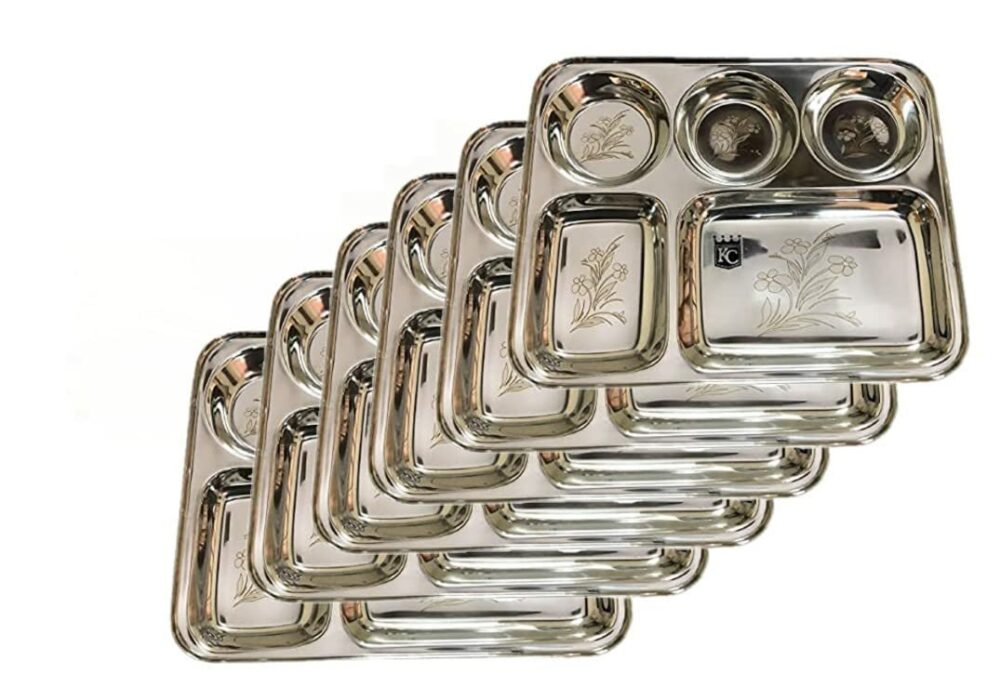 Sanskriti Exports Stainless Steel Laser Partition Plate 5 in1 / Bhojan Thali/Dinner Plate Set of 6 - Image 4