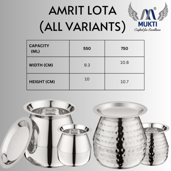 Sanskriti Exports Stainless Steel Food Storage Jars & Containers|Lota, Kalash, Chambu, Tumbler|Drinking, Storing & Serving|Amrit Lota with Lid|750ml x 1pc