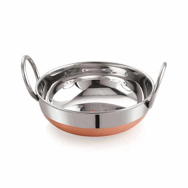 Sanskriti Exports Copper Bottom Kadhai Stainless Steel Copper Bottom Kadhai with Copper Bottom Kadhai Bottom Pot Pans for Frying (1 2 Litter)