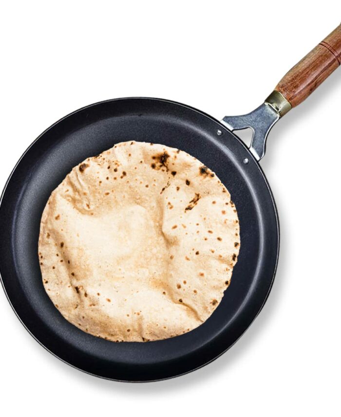 The Indus Valley Pre-Seasoned Iron Tawa for Dosa/Chapathi with Wooden Handle | 26cm/10.2 inch, 1.02kg | Induction Friendly | 100% Pure & Toxin-Free, No Chemical Coating