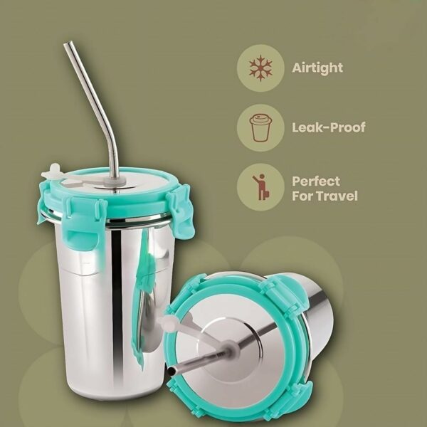 Sanskriti Exports Steel Coffee Mug with Straw Clean Brush, Travel Sippers Tumbler Mug with Straw and Lid 400ml Tea/Coffee Mug, Drinking Glass, Glass Sipper, Mason Jar, Can Sipper, Milk Mug, Juice Cup 1 Piece - Image 2