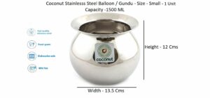 Stainless Steel Balloon / Gundu / Pongal Pot / Multipurpose Pot - 1 Unit - Diameter - 13.5 Cms ( Capacity -1500ML)