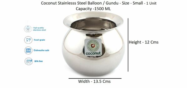 Stainless Steel Balloon / Gundu / Pongal Pot / Multipurpose Pot - 1 Unit - Diameter - 13.5 Cms ( Capacity -1500ML)