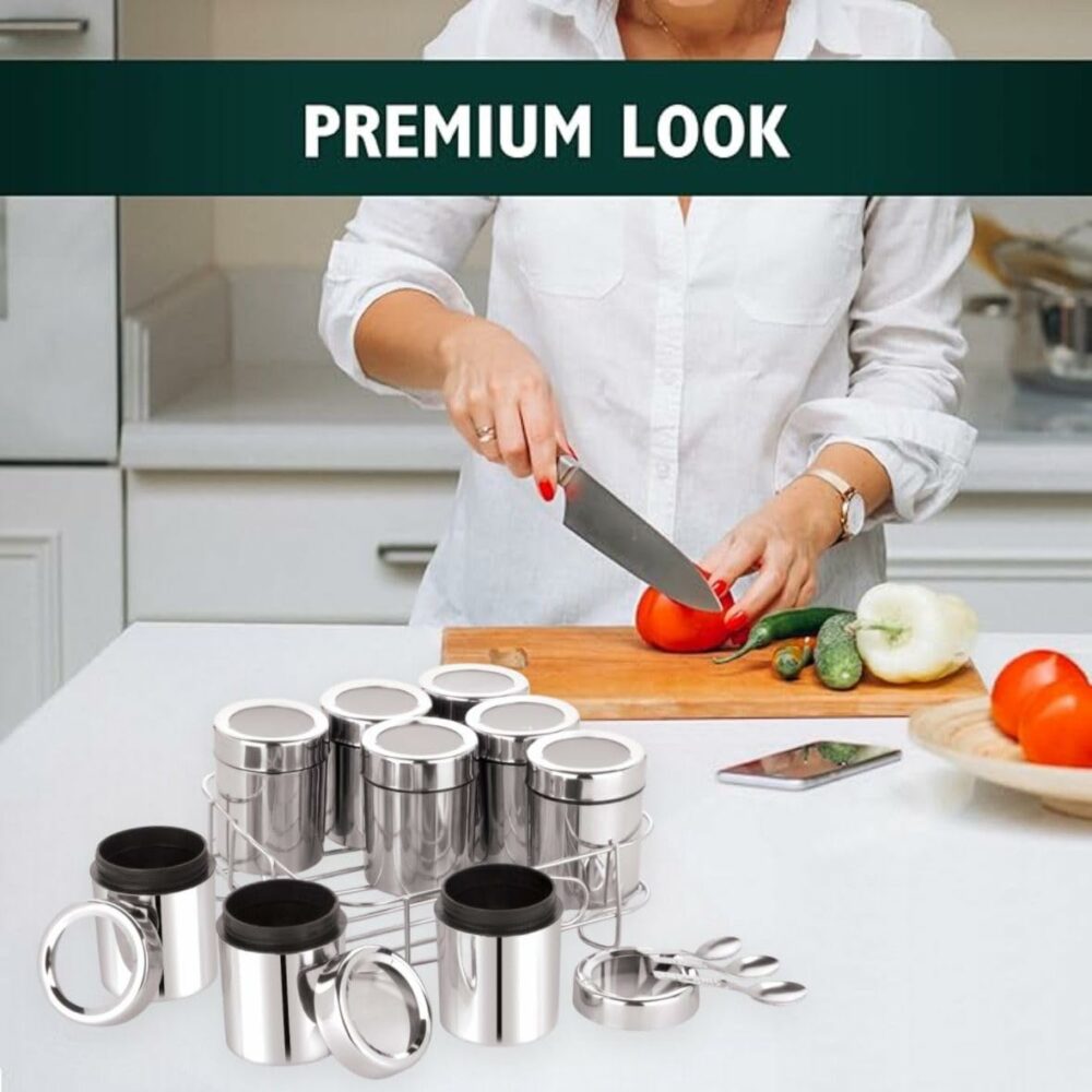 Sanskriti Exports 9 Square Stainless Steel Spice Box | Masala Box For Kitchen | Organiser With 9 Compartment, Sanskriti Exports Dabba, Square Masala Dani For Kitchen, Rust Resistant See-Through Lid, Silver - Image 3