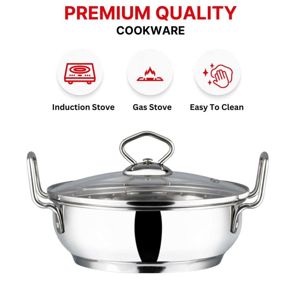 Vinod Stainless Steel Kadhai with Glass Lid - 2 7 Litre, 24cm | Extra Thick, SAS Heavy Bottom | Kadai for Cooking | Induction and Gas Base | 2 Year Warranty - Silver
