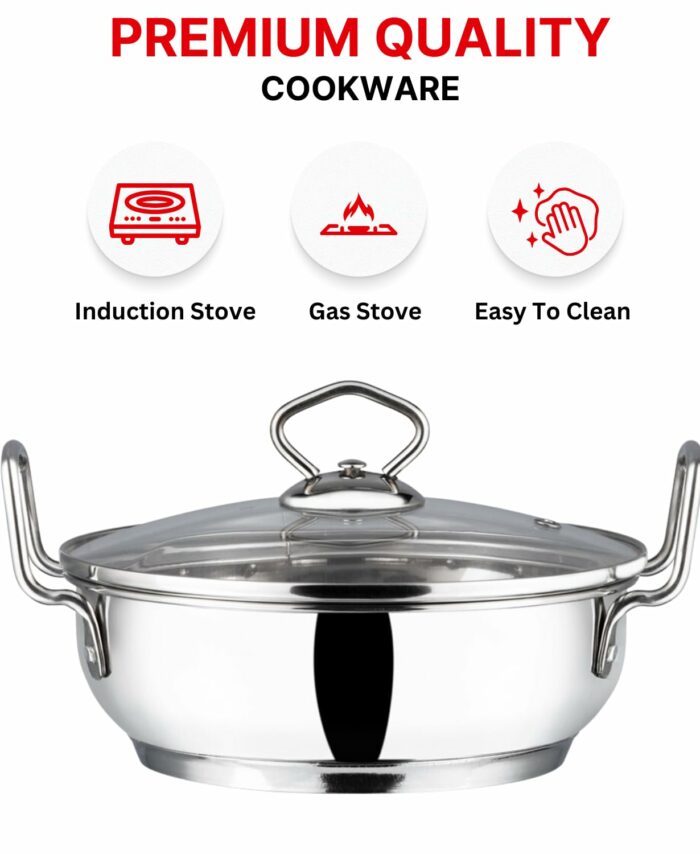 Vinod Stainless Steel Kadhai with Glass Lid - 2 7 Litre, 24cm | Extra Thick, SAS Heavy Bottom | Kadai for Cooking | Induction and Gas Base | 2 Year Warranty - Silver