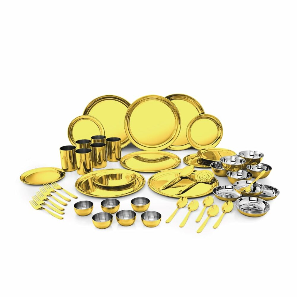 Sanskriti Exports Stainless Steel Shagun Solid Dinner Set (50 Pcs Set Gold)
