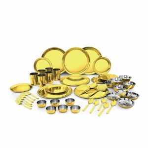 Sanskriti Exports Stainless Steel Shagun Solid Dinner Set (50 Pcs Set Gold)