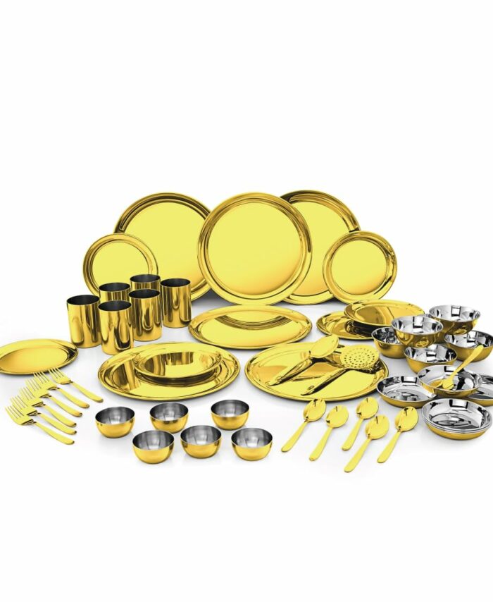 Sanskriti Exports Stainless Steel Shagun Solid Dinner Set (50 Pcs Set Gold)
