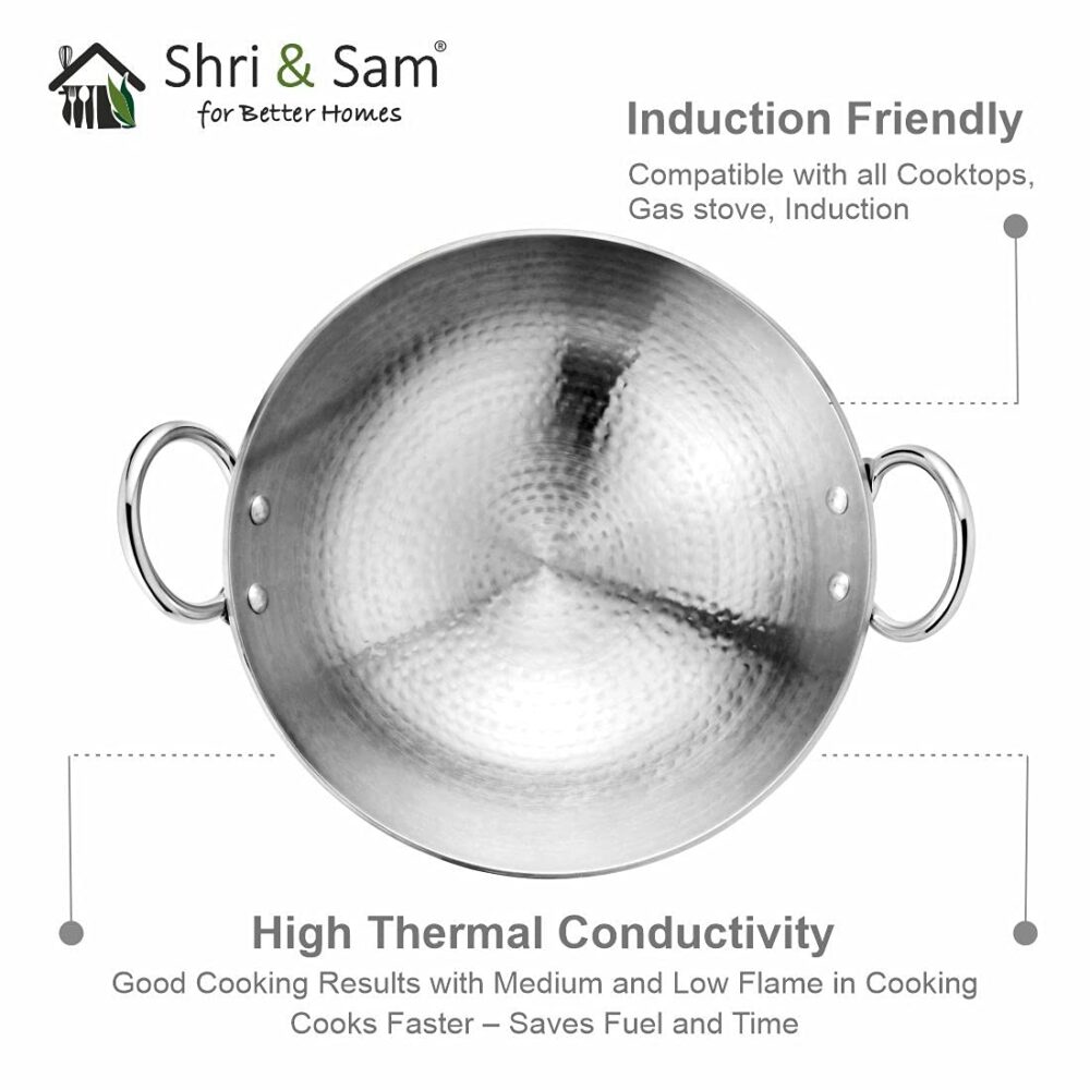 Sanskriti Exports Stainless Steel Heavy Weight Hammered Kadhai, 24 cm, 1.3 Kg, 2.1 Litre - Image 4
