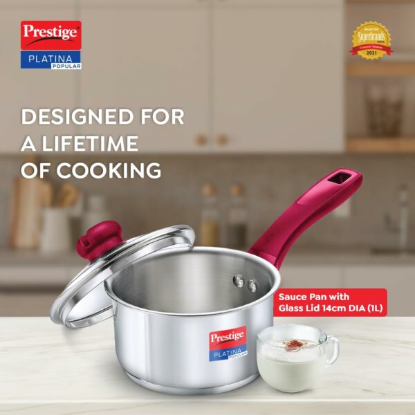 Prestige Platina Popular Stainless Steel Gas and Induction Compatible Sauce Pan with Glass Lid, 140 mm