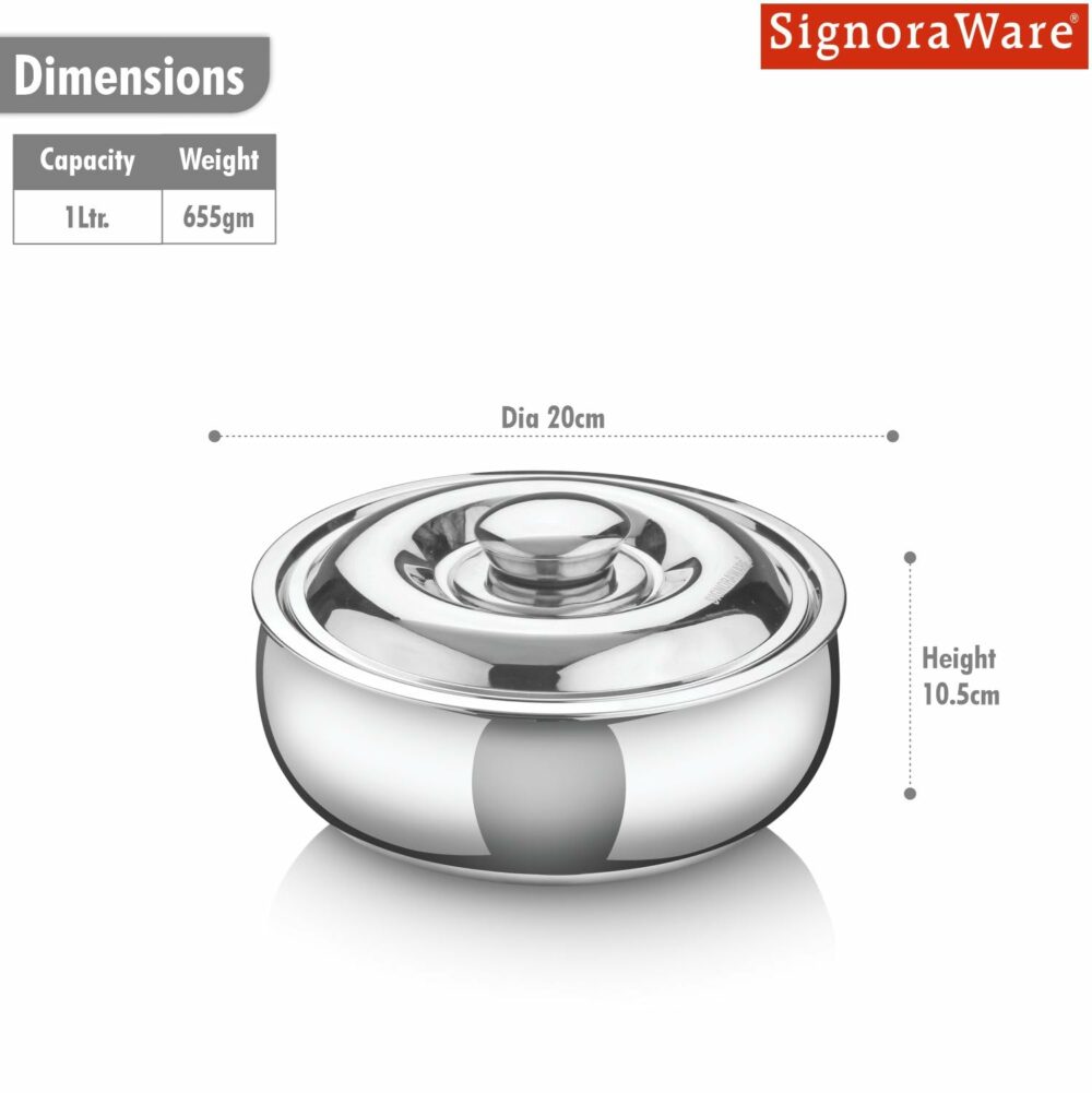 SignoraWare Stainless Steel Roti Server Casserole with Coaster | Retain Heat & Freshness | Perfect for Family Meal & Gatherings | Ideal for Serving and Storing chapattis or flatbread (1 LTR | Steel) - Image 3