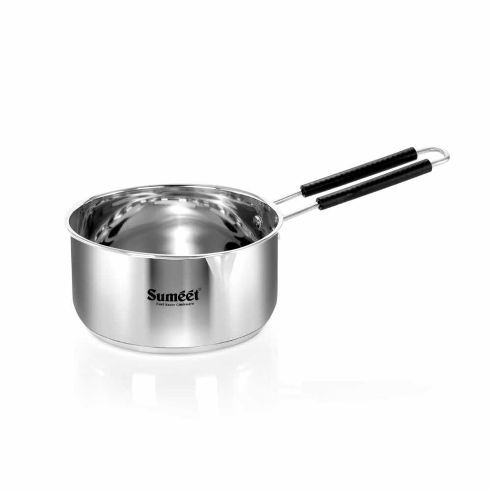 Sanskriti Exports Stainless Steel Induction Bottom Gas Stove & Induction Friendly Saucepan with Bacelite Wire Handle, 900ml, 12 cm Dia, Silver