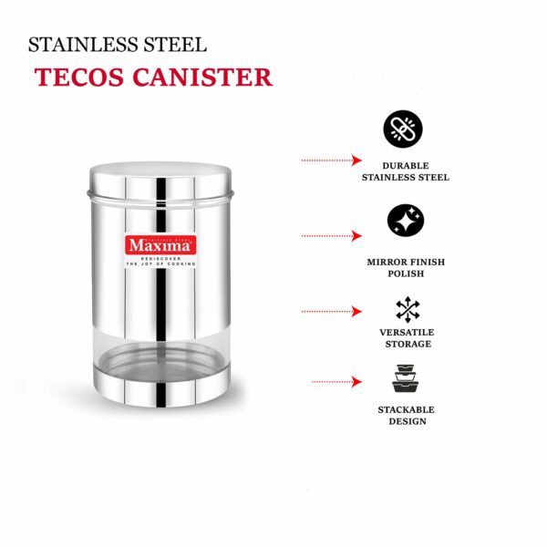 MAXIMA Sunshine Stainless Steel Canister - Elegant Circular Design for Tea, Coffee, and Spices | Leak Proof | Airtight Kitchen Storage Container (1200Ml) Set of 2, Silver - Image 3