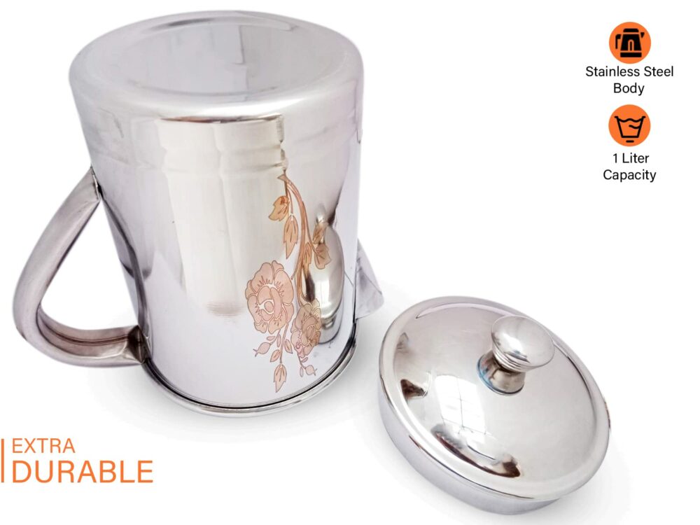 Sanskriti Exports Stainless Steel Tea Pot/Water Jug/Kettle with Lid and Flower Laser Print Jug- 1 Litre - Image 5