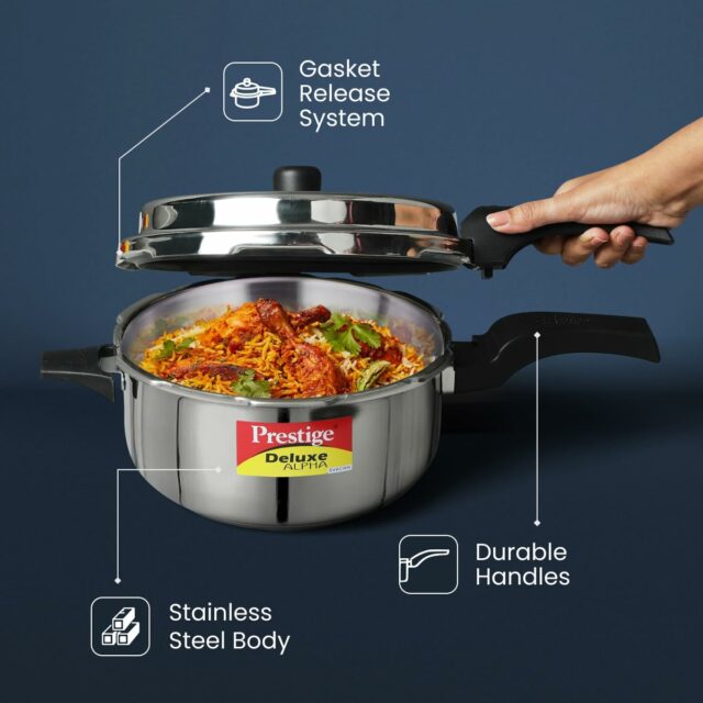 Prestige 5L Deluxe Alpha Svachh Stainless Steel Pressure Cooker|Outer Lid|Ideal for 5-7 Persons|Deep Lid for Spillage Control|Gas & Induction Compatible|Silver