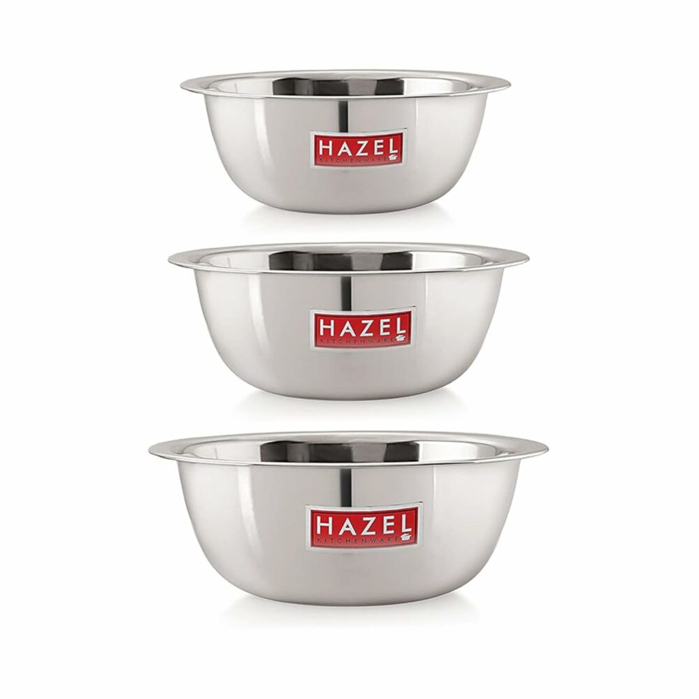 Sanskriti Exports Stainless Steel Serving Bowl Set | 1100 ml, 1500 ml & 2100 ml Snacks Serving and Mixing Bowl Set | Kitchen Accessories Items, Set of 3
