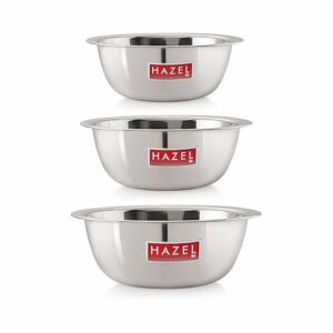 Sanskriti Exports Stainless Steel Serving Bowl Set | 1100 ml, 1500 ml & 2100 ml Snacks Serving and Mixing Bowl Set | Kitchen Accessories Items, Set of 3