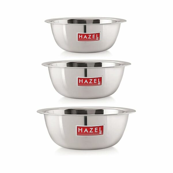 Sanskriti Exports Stainless Steel Serving Bowl Set | 1100 ml, 1500 ml & 2100 ml Snacks Serving and Mixing Bowl Set | Kitchen Accessories Items, Set of 3