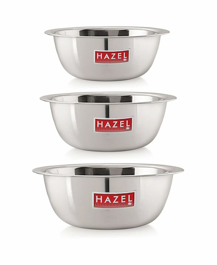 Sanskriti Exports Stainless Steel Serving Bowl Set | 1100 ml, 1500 ml & 2100 ml Snacks Serving and Mixing Bowl Set | Kitchen Accessories Items, Set of 3