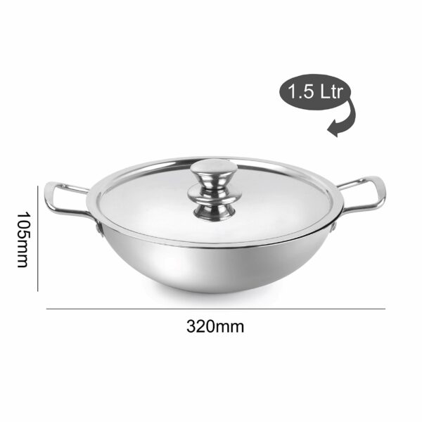 Sanskriti Exports Stainless Steel Kadhai with SS Lid 1 5Ltr / 22cm, Silver, Medium