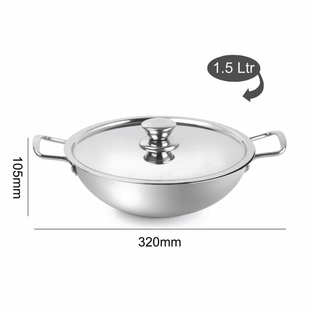 Sanskriti Exports Stainless Steel Kadhai with SS Lid 1 5Ltr / 22cm, Silver, Medium