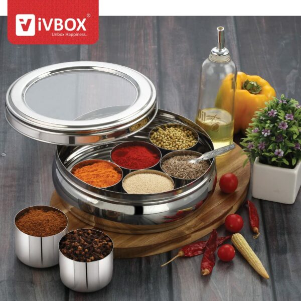 Sanskriti Exports Stainless Steel Masala Dabba Spice Box Organizer with See-Through Lid, 7 Containers (Medium, Blue-Violet) - Image 2