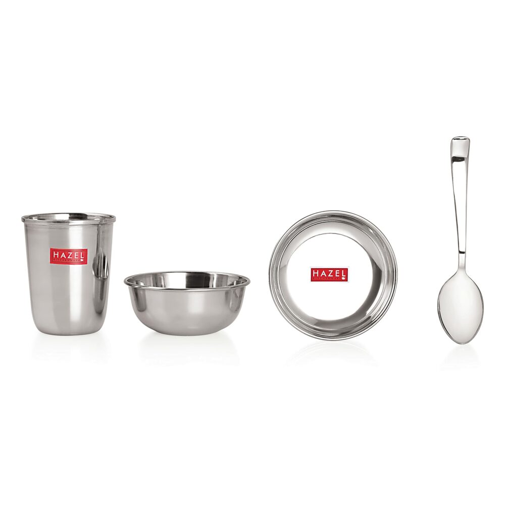 Sanskriti Exports Stainless Steel Dinner Set of 24 Pieces | 4 Plates, 4 Glasses, 8 Bowls, 4 Spoons, 4 Dessert Plates - Image 5