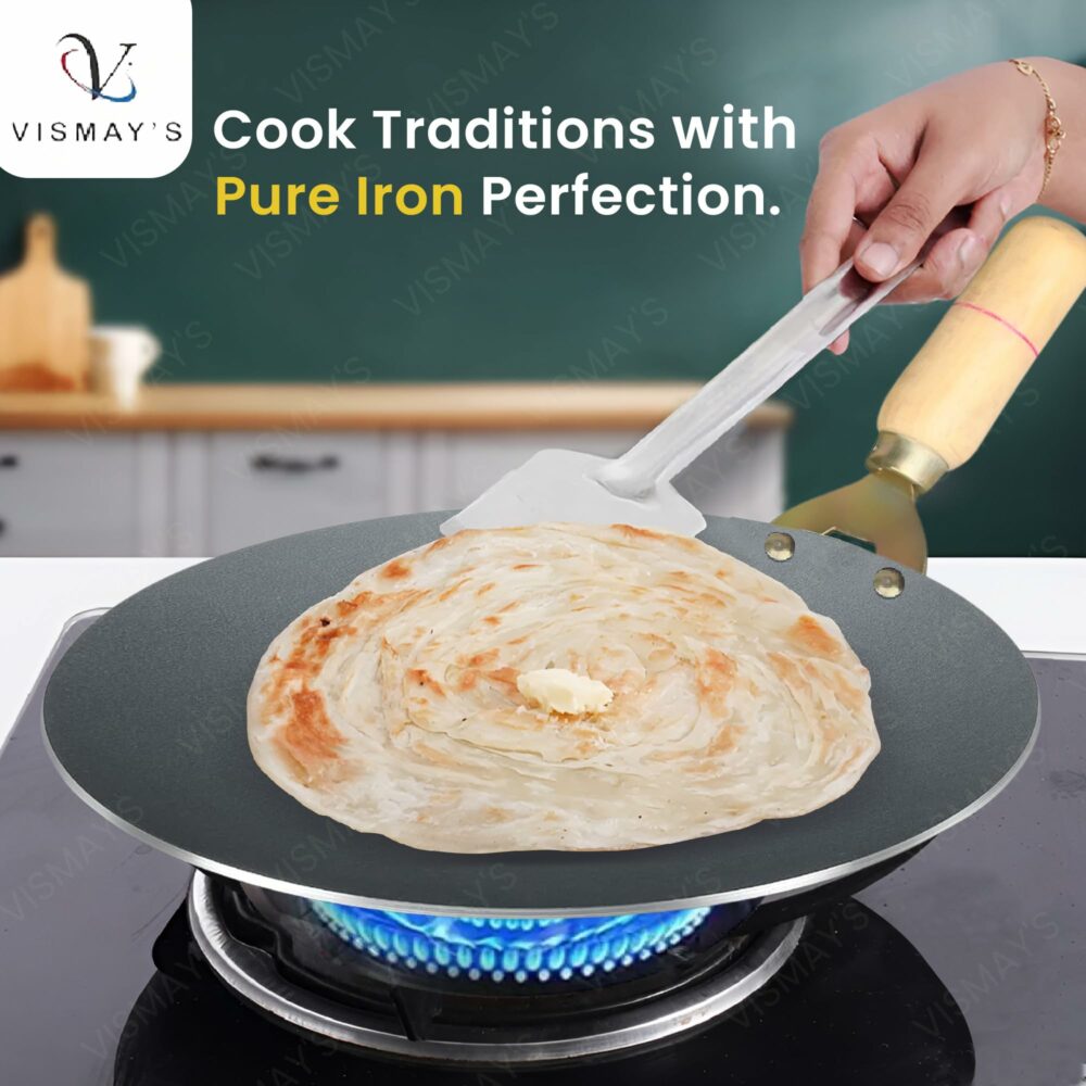 Sanskriti Exports Pure Iron Tawa with Unique Smooth Edges - First Time in India, Metal Spoon Friendly Dishwasher Safe, Strong Riveted Wooden Handle Perfect for Roti & Chapati - 9.5 Inch - Image 2