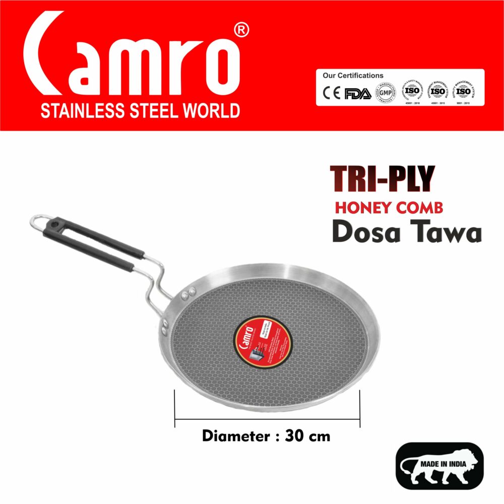 Sanskriti Exports Steel Tawa for Roti and Dosa | Triply Honeycomb Tawa 30cm | Induction Base Dosa Tava Non Stick | Perma-Cool Handles | Base & Induction Compatible | Metal Spoon Friendly | Sturdy Handles - Image 2