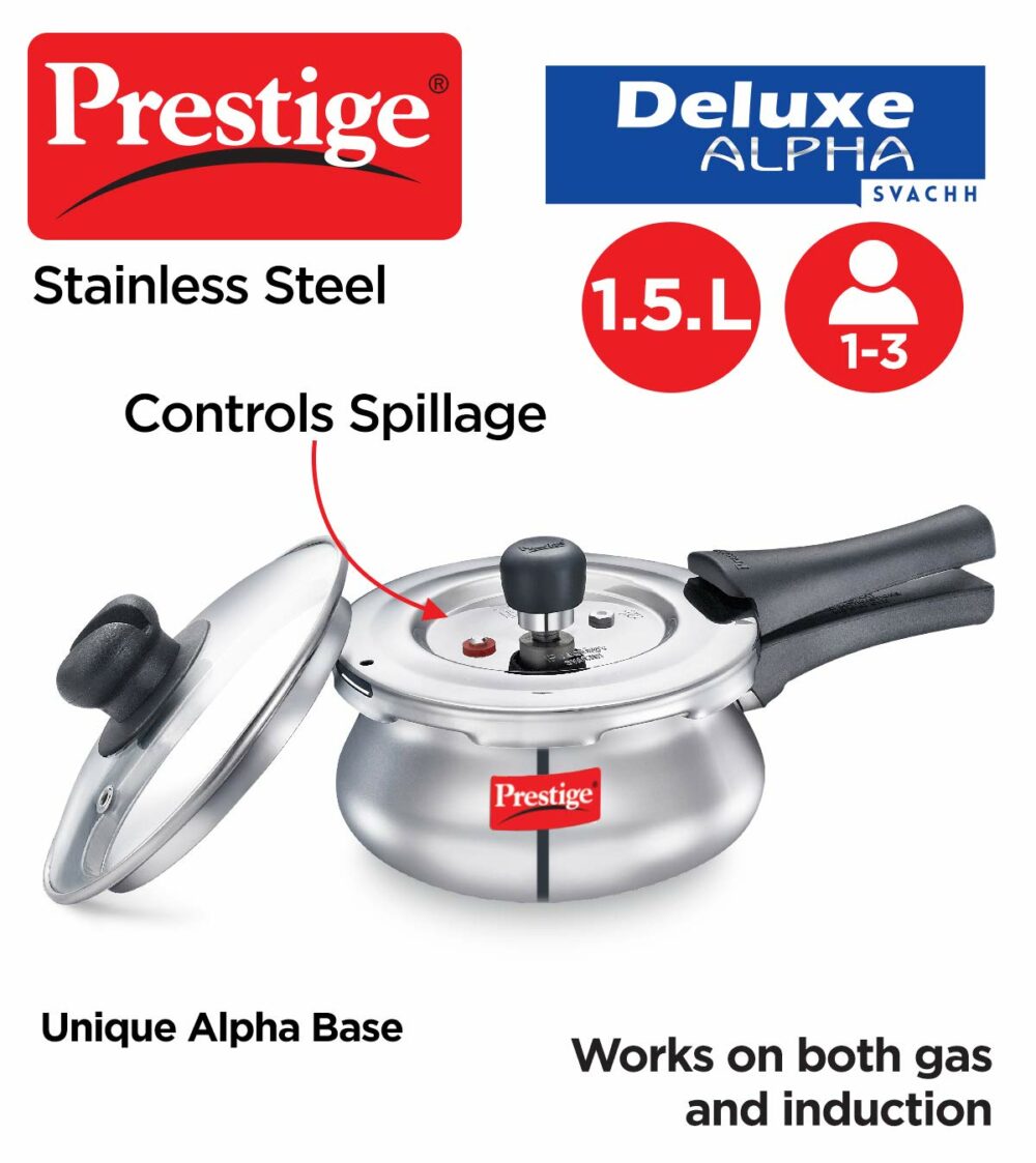 Prestige Deluxe Alpha Svachh Stainless Steel Pressure Cooker 1.5L With Glass Lid (With Deep Lid For Spillage Control) - Image 2