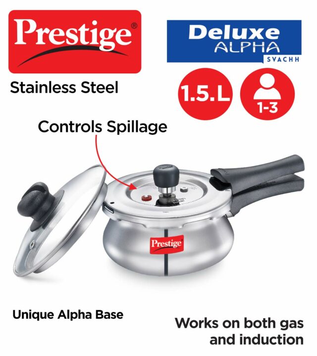 Prestige Deluxe Alpha Svachh Stainless Steel Pressure Cooker 1.5L With Glass Lid (With Deep Lid For Spillage Control)
