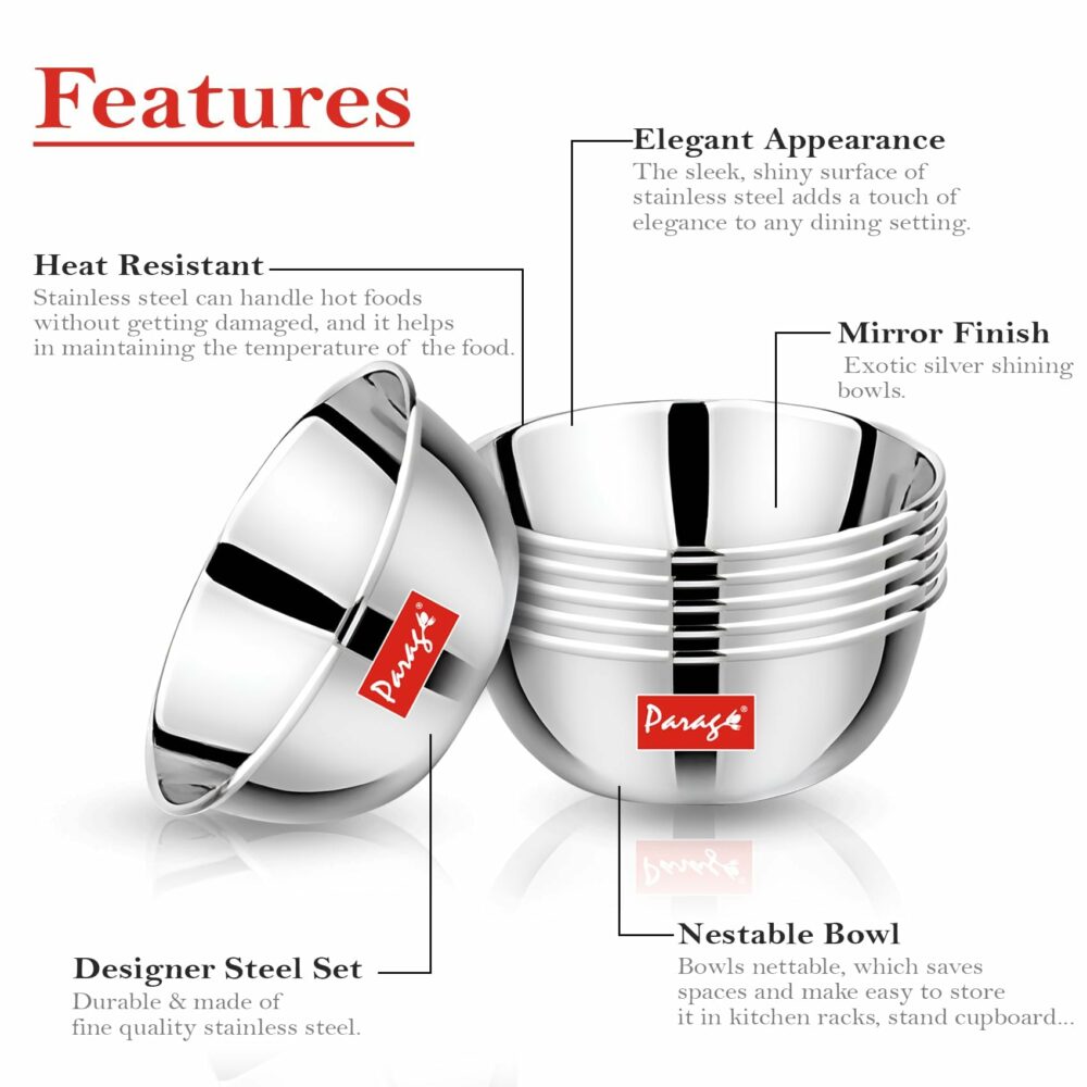 Sanskriti Exports 6 Pieces Stainless Steel Big Size Bowl/Wati/Katori Heavy Gauge with Mirror Finish, 10.2 cm Dia, Set of 6, 220 ml Each, Silver - Image 4