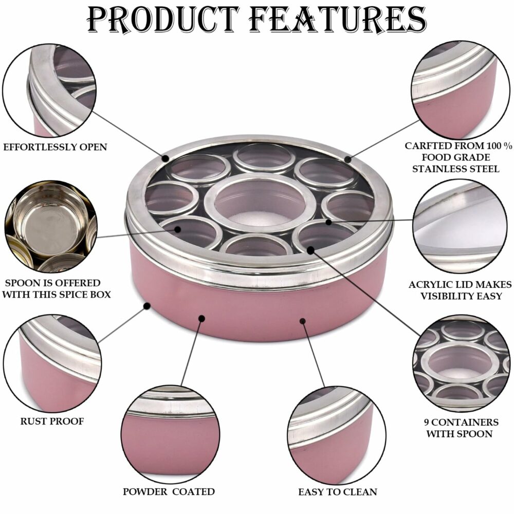 Sanskriti Exports Stainless Steel Masala Box | Spice Storage Container | Masala Dani With 9 Containers and Small Spoon | Masala Dabba For Kitchen See Through Lid | Kitchen Spice Organiser (Mauve) - Image 3