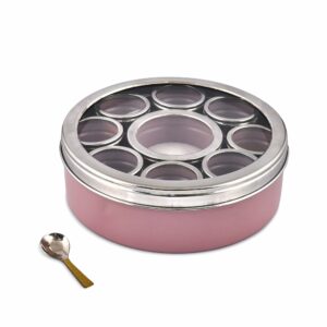 Sanskriti Exports Stainless Steel Masala Box | Spice Storage Container | Masala Dani With 9 Containers and Small Spoon | Masala Dabba For Kitchen See Through Lid | Kitchen Spice Organiser (Mauve)