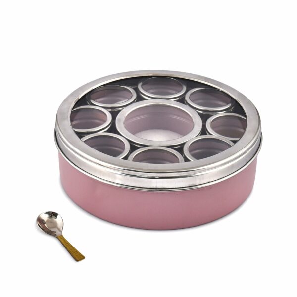 Sanskriti Exports Stainless Steel Masala Box | Spice Storage Container | Masala Dani With 9 Containers and Small Spoon | Masala Dabba For Kitchen See Through Lid | Kitchen Spice Organiser (Mauve)
