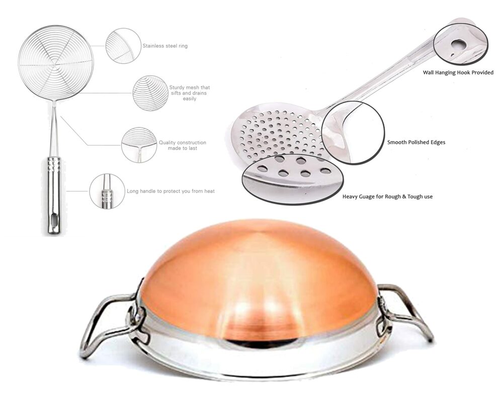 Sanskriti Exports Stainless Steel-Copper Bottom Kadhai/Frying Kadhai & Strainer (Combo) (Pack of 3)
