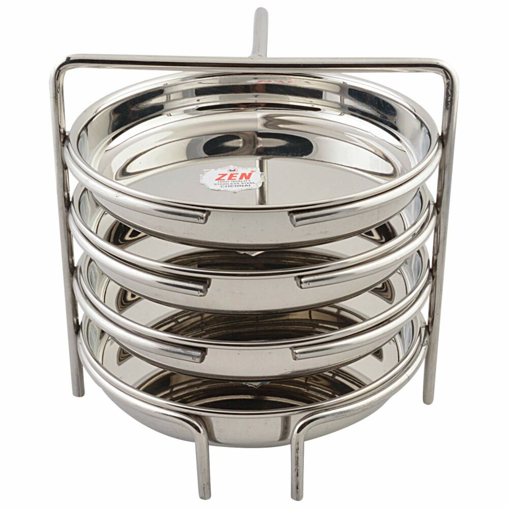 Sanskriti Exports Stainless Steel Thatte Idly Stand - 4 Plates | Thatte Idli Plate with Stand | Thattu/Plate/Dhokla | Idly/Dhokla Holders | Silver Color & Small Size With 4 Plates | Pack of 1