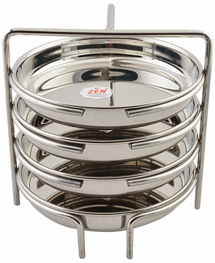 Sanskriti Exports Stainless Steel Thatte Idly Stand - 4 Plates | Thatte Idli Plate with Stand | Thattu/Plate/Dhokla | Idly/Dhokla Holders | Silver Color & Small Size With 4 Plates | Pack of 1