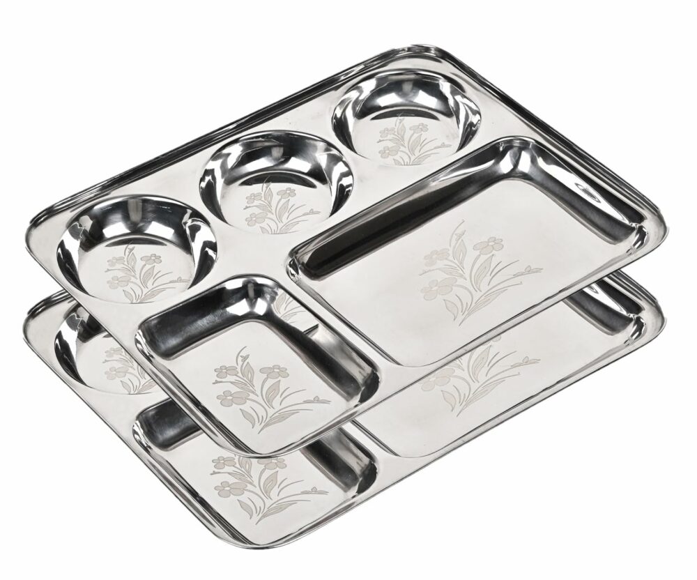 Sanskriti Exports Stainless Steel Laser Partition Plate 5 in1 | Bhojan Thali | Dinner Plate Set of 2