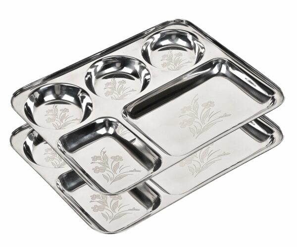 Sanskriti Exports Stainless Steel Laser Partition Plate 5 in1 | Bhojan Thali | Dinner Plate Set of 2