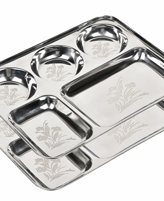 Sanskriti Exports Stainless Steel Laser Partition Plate 5 in1 | Bhojan Thali | Dinner Plate Set of 2