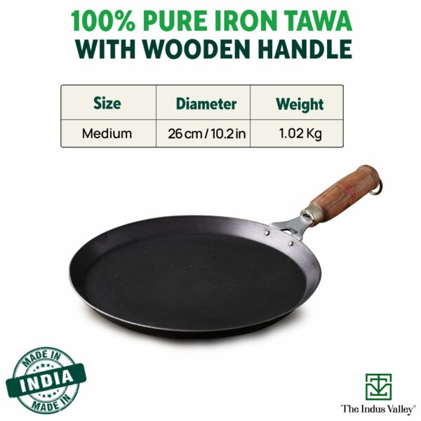 The Indus Valley Pre-Seasoned Iron Tawa for Dosa/Chapathi with Wooden Handle | 26cm/10.2 inch, 1.02kg | Induction Friendly | 100% Pure & Toxin-Free, No Chemical Coating - Image 4