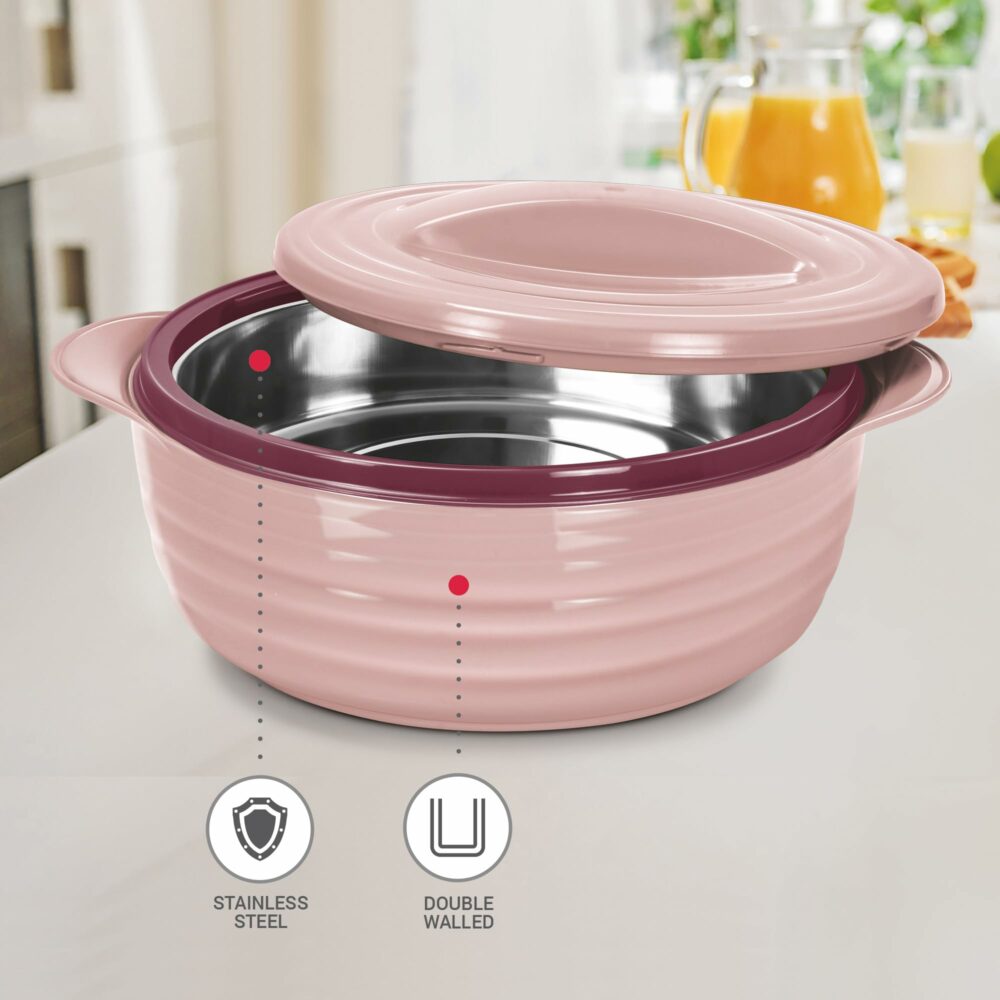 MILTON Aspire 1000 Serving Casserole, Double Walled Inner Stainless Steel, PU Insulated Kitchen Hot Pot, Keeps Food hot & Fresh for Roti, Biryani, 725 ml, Cherry Pink - Image 4