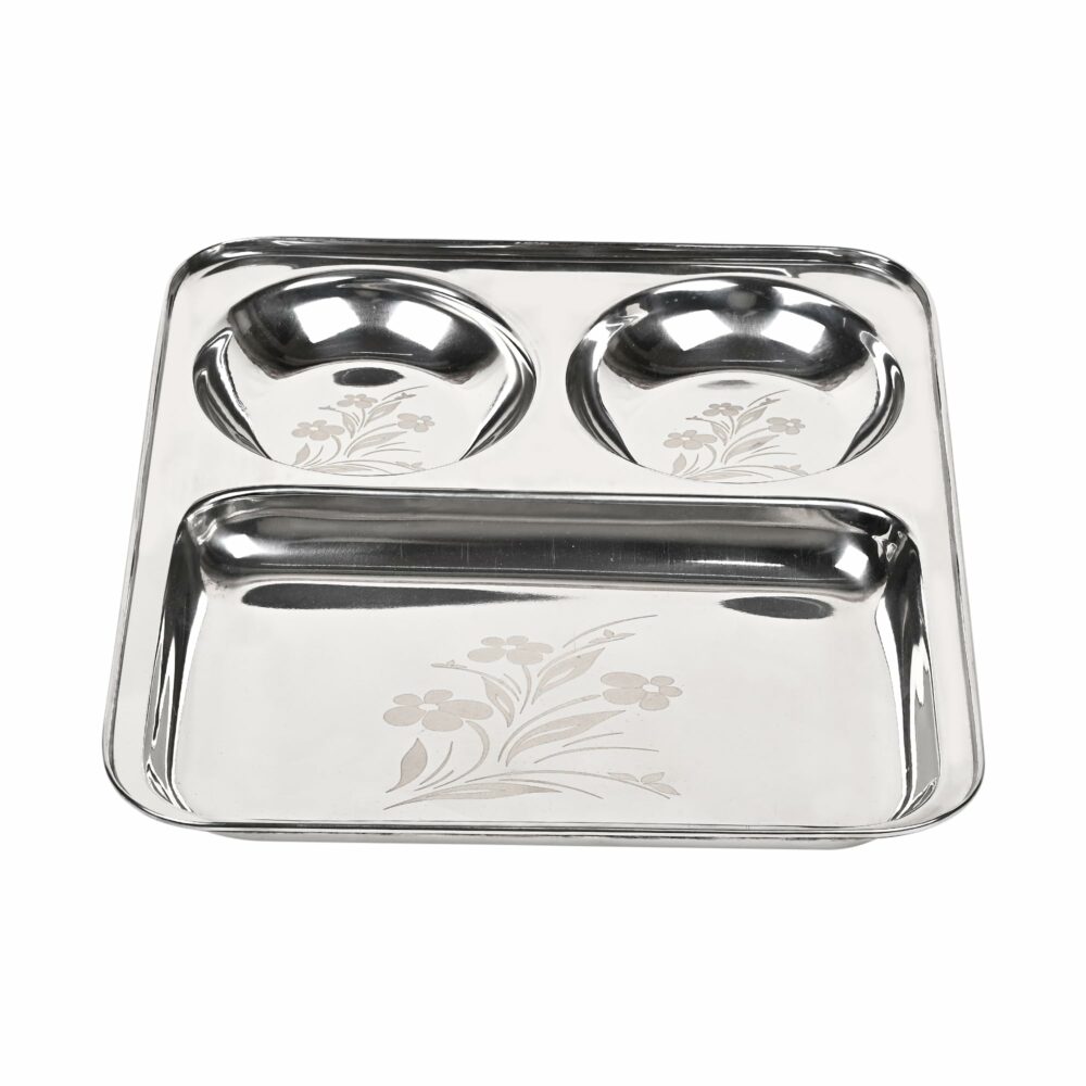 Sanskriti Exports Stainless Steel Laser Partition Plate 3 in1 | Bhojan Thali | Dinner Plate Set of 2 - Image 2