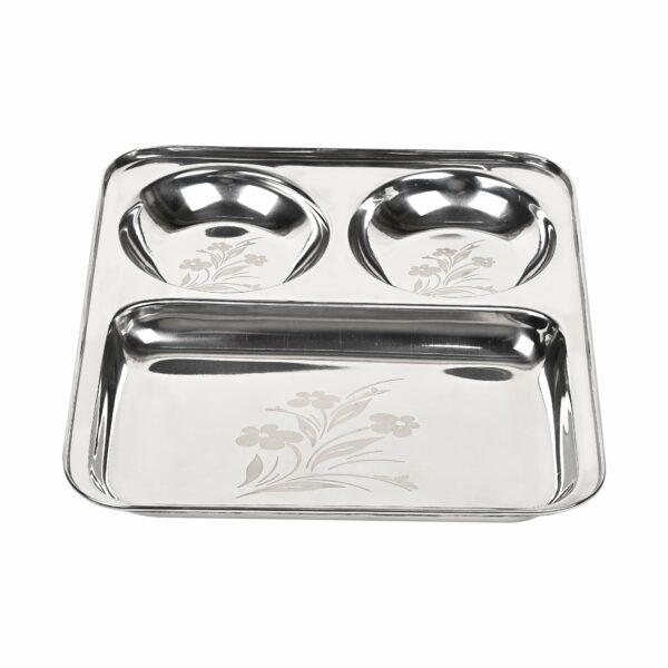 Sanskriti Exports Stainless Steel Laser Partition Plate 3 in1 | Bhojan Thali | Dinner Plate Set of 2