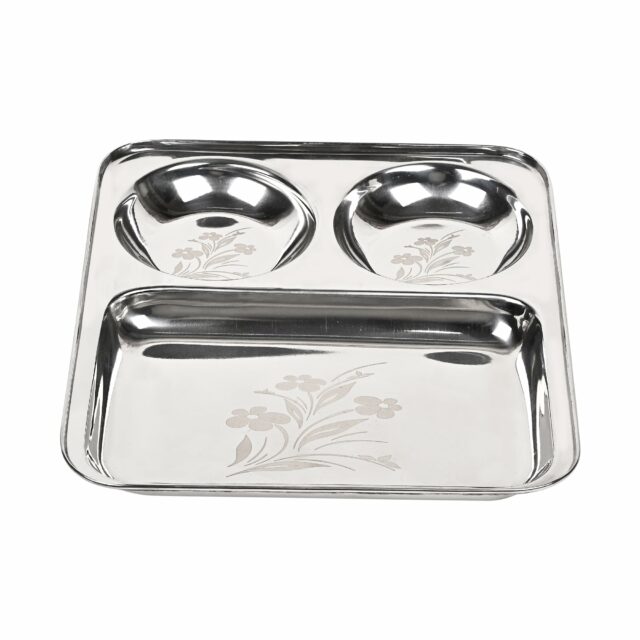 Sanskriti Exports Stainless Steel Laser Partition Plate 3 in1 | Bhojan Thali | Dinner Plate Set of 2