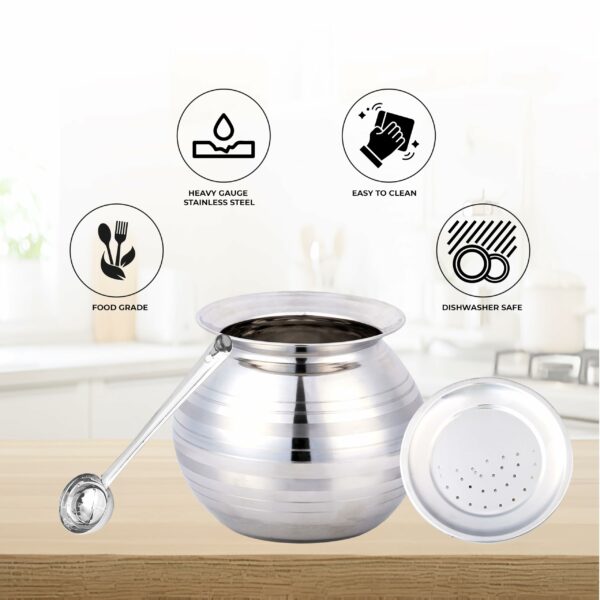 Sanskriti Exports Stainless Steel Rice Pot/Rice Strainer/Pongal Pot/Gundu/Cooker/Handi with Lid Vadi Plate and Ladle/Spoon, 3 Litres