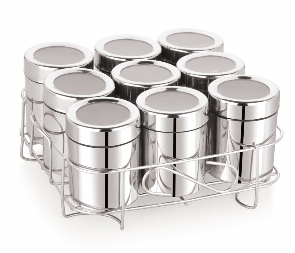 Sanskriti Exports 9 Square Stainless Steel Spice Box | Masala Box For Kitchen | Organiser With 9 Compartment, Sanskriti Exports Dabba, Square Masala Dani For Kitchen, Rust Resistant See-Through Lid, Silver