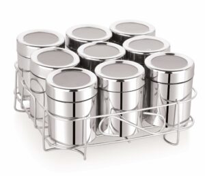 Sanskriti Exports 9 Square Stainless Steel Spice Box | Masala Box For Kitchen | Organiser With 9 Compartment, Sanskriti Exports Dabba, Square Masala Dani For Kitchen, Rust Resistant See-Through Lid, Silver